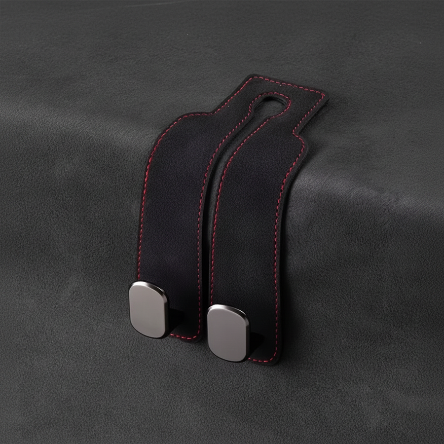Black Leather Headrest Hook - Flat Lay